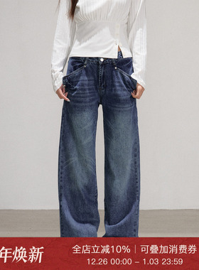 Moxiebabe美式复古做旧水洗牛仔裤女早秋高腰百搭直筒裤阔腿长裤