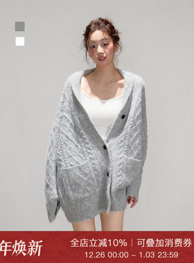 Moxiebabe慵懒风麻花单排扣毛衣外套女秋冬百搭宽松灰色针织开衫