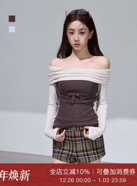 Moxiebabe纯欲风咖色褶皱长袖T恤女装秋冬新款一字肩减龄显瘦上衣