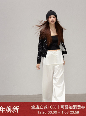 Moxiebabe美式复古假两件休闲裤女装冬季设计感高腰阔腿裤长裤子