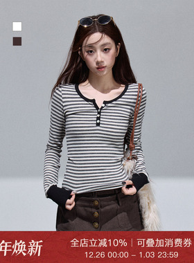 Moxiebabe美式复古撞色条纹长袖T恤女装秋冬百搭显瘦圆领打底上衣