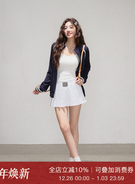 Moxiebabe美式气质长袖外套内搭吊带背心女秋季显瘦百褶裙三件套