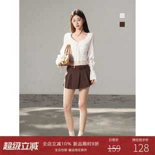 Moxiebabe网纱拼接娃娃领长袖 女早春甜美风花边收腰外穿上衣 衬衫