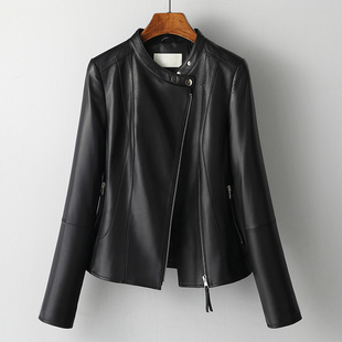 2025年春新款海宁绵羊皮机车立领夹克服真皮皮衣女大码 修身外套