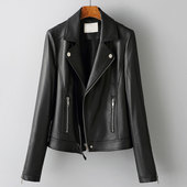 2025春新款 海宁绵羊皮夹克翻领港风小外套机车服 真皮皮衣女短款