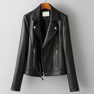2025春新款真皮皮衣女短款海宁绵羊皮夹克翻领港风小外套机车服