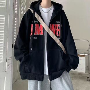 秋冬纯棉加绒加厚拉链外套男士ins潮牌字母印花宽松休闲开衫卫衣