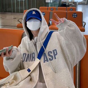 纯棉秋冬装加绒开衫连帽卫衣男士潮牌字母宽松情侣装学生拉链外套