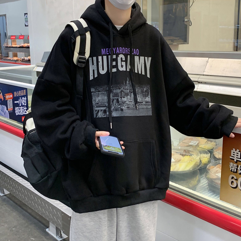 秋冬加绒加厚连帽卫衣男潮牌字母