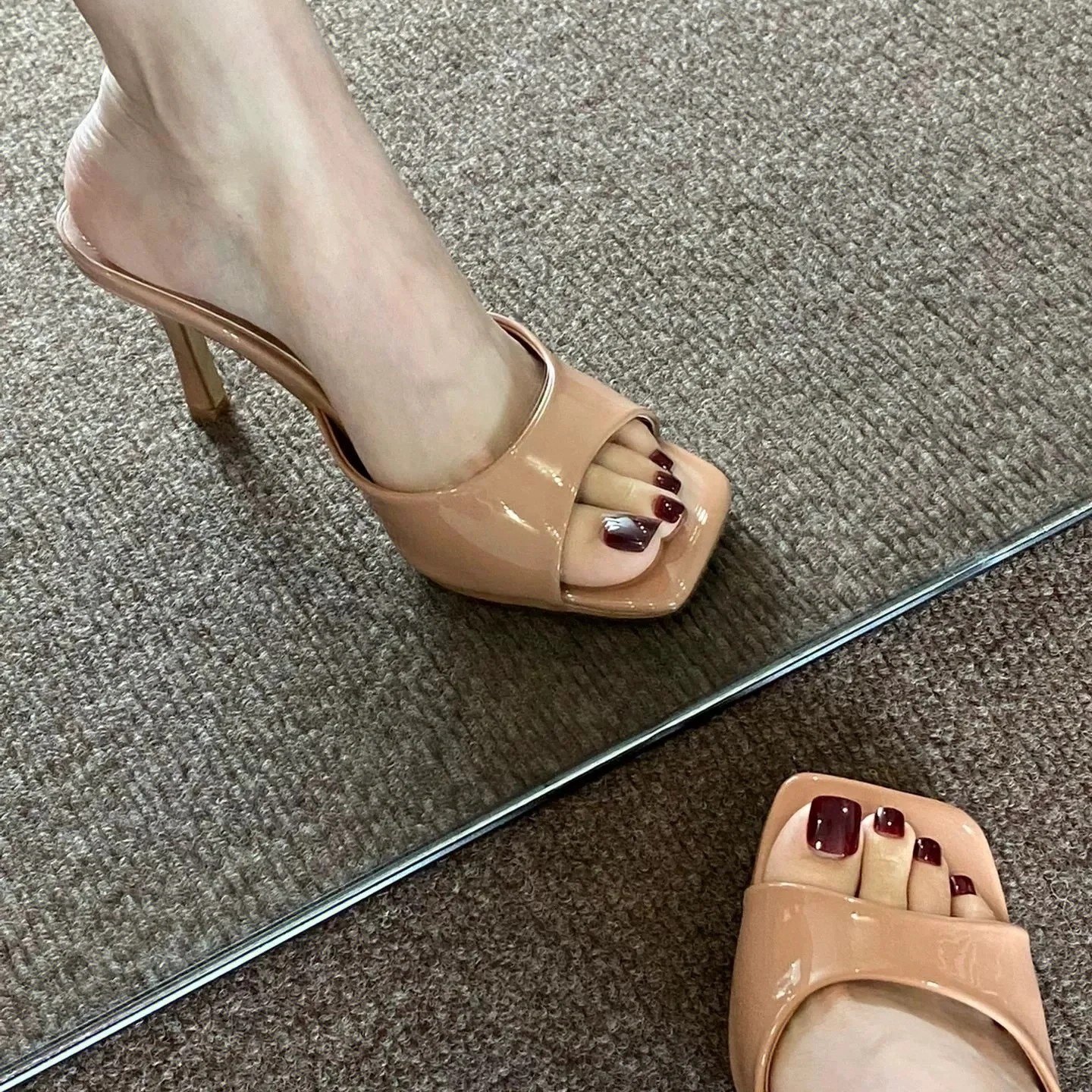 新款显白不累脚裸色细跟方头高跟凉拖鞋女外穿4/7/9CM一字带凉鞋,女鞋,时装凉鞋,淘宝优惠券,粉丝福利购,淘宝优惠卷