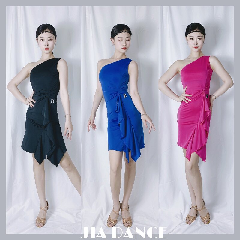 dance拉丁舞连衣裙新款女斜肩褶皱波浪包臀成人舞裙有胸垫r54