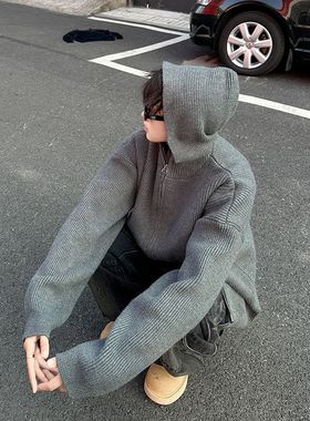 格雷系灰色极简慵懒连帽开衫毛衣男秋季复古高级感宽松针织衫外套