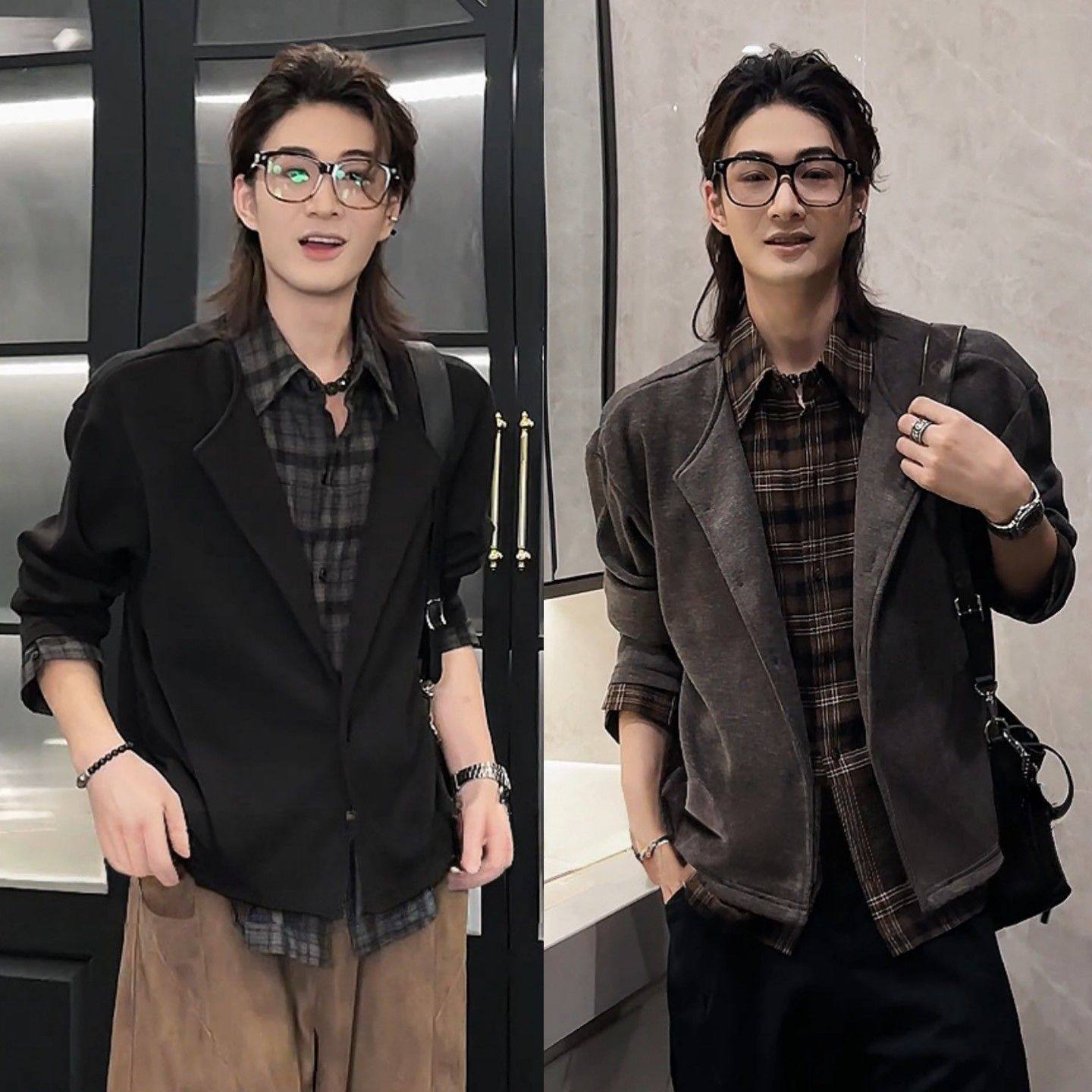 老钱风假两件格纹拼接针织衫男款秋冬季高级感美拉德毛衣开衫外套,男装,针织衫/毛衣,淘宝优惠券,粉丝福利购,淘宝优惠卷