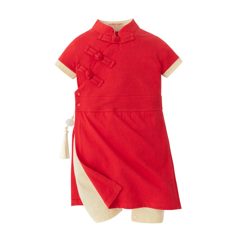 婴儿短袖周岁礼服红色国风旗袍汉服哈衣连体衣夏季宝宝百天拍照服