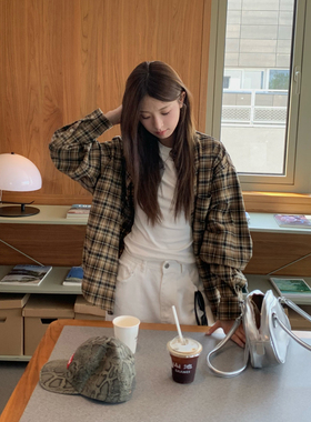 DRIZZLE 美拉德棕色格子衬衫女秋季新款复古外套宽松慵懒长袖衬衣