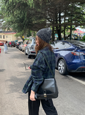 DRIZZLE 蓝绿格子衬衫女秋季2025新款上衣慵懒松弛感纯棉长袖衬衣