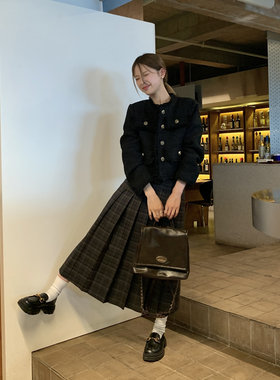 DRIZZLE 复古格纹百褶裙女春秋2025新款韩系学院风长款a字半身裙