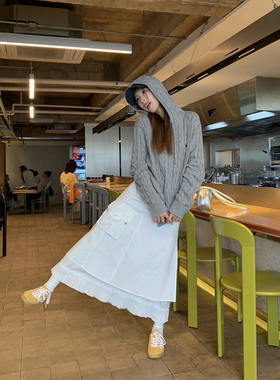 DRIZZLE 设计感双层白色半身裙女秋季新款长裙抽绳拼接工装伞裙