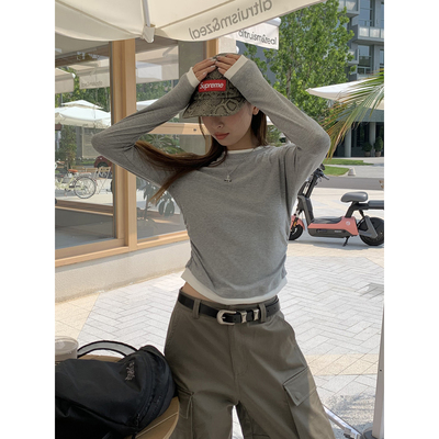 DRIZZLE灰色长袖t恤女春秋新款内搭打底衫修身显瘦假两件上衣