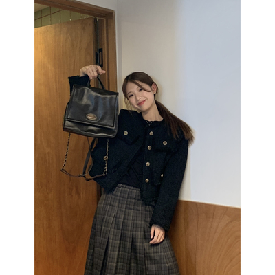 DRIZZLE 黑色小香风外套女秋季2025新款金属扣复古高级感短款上衣