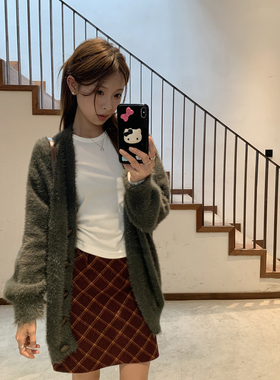 DRIZZLE 红色毛呢格纹半身裙女2025秋冬新款百搭保暖羊毛A字裤裙