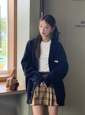 DRIZZLE 黑色毛衣开衫女秋冬新款韩系仿貂绒软糯宽松慵懒针织外套