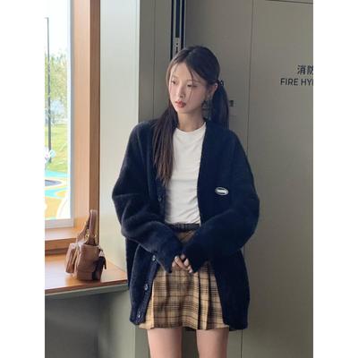 DRIZZLE黑色毛衣开衫慵懒仿貂绒