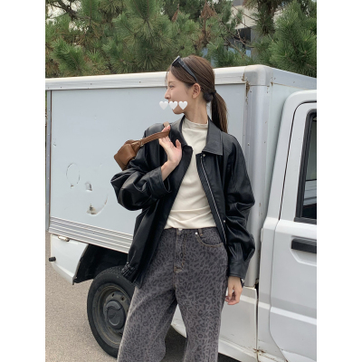 DRIZZLE 黑色皮衣外套女2025秋冬新款韩系宽松休闲机车PU皮夹克