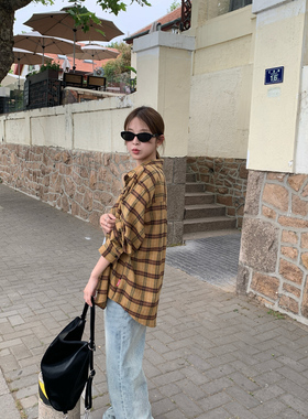 DRIZZLE 黄色格子衬衫女春秋韩系磨毛上衣复古宽松慵懒风长袖衬衣