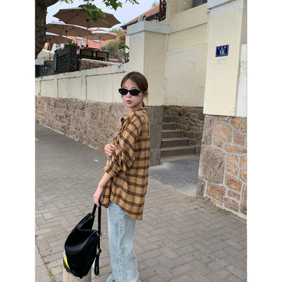 DRIZZLE 复古姜黄色格纹衬衫女春季新款韩系上衣宽松休闲长袖衬衣