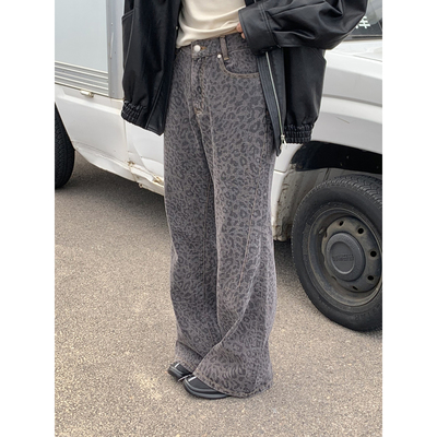DRIZZLE 暗色豹纹牛仔裤女春秋设计感裤子宽松美式长裤阔腿喇叭裤