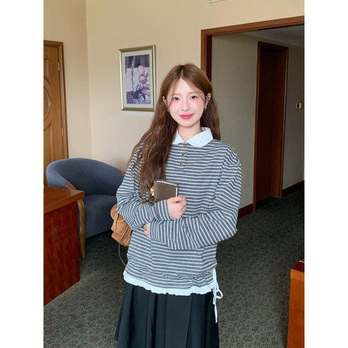 DRIZZLE灰色条纹polo衫女长袖t恤