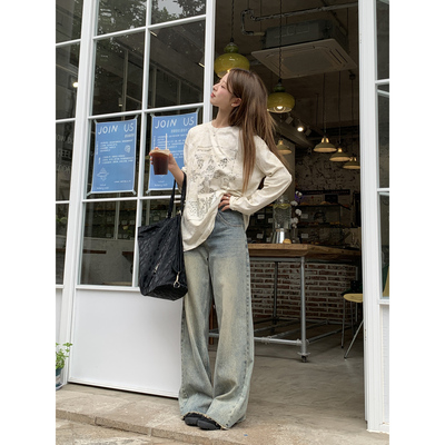 DRIZZLE 美式复古阔腿牛仔裤女春秋新款宽松毛边裤子直筒拖地长裤