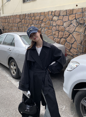 DRIZZLE 黑色风衣外套女春秋2025新款小众小个子设计感中长款大衣