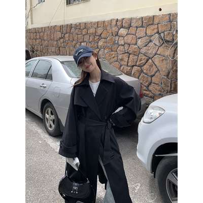 DRIZZLE 黑色风衣外套女春秋2025新款小众小个子设计感中长款大衣