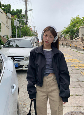 DRIZZLE 美式立领黑色飞行员夹克外套女春秋复古宽松休闲短款上衣