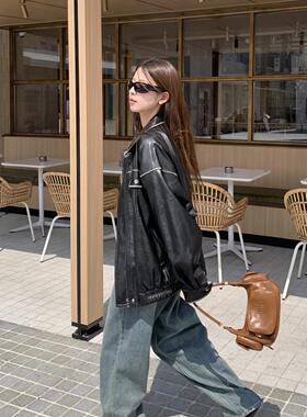 DRIZZLE 黑色皮衣外套女2025秋冬新款擦色宽松高级感显瘦复古夹克