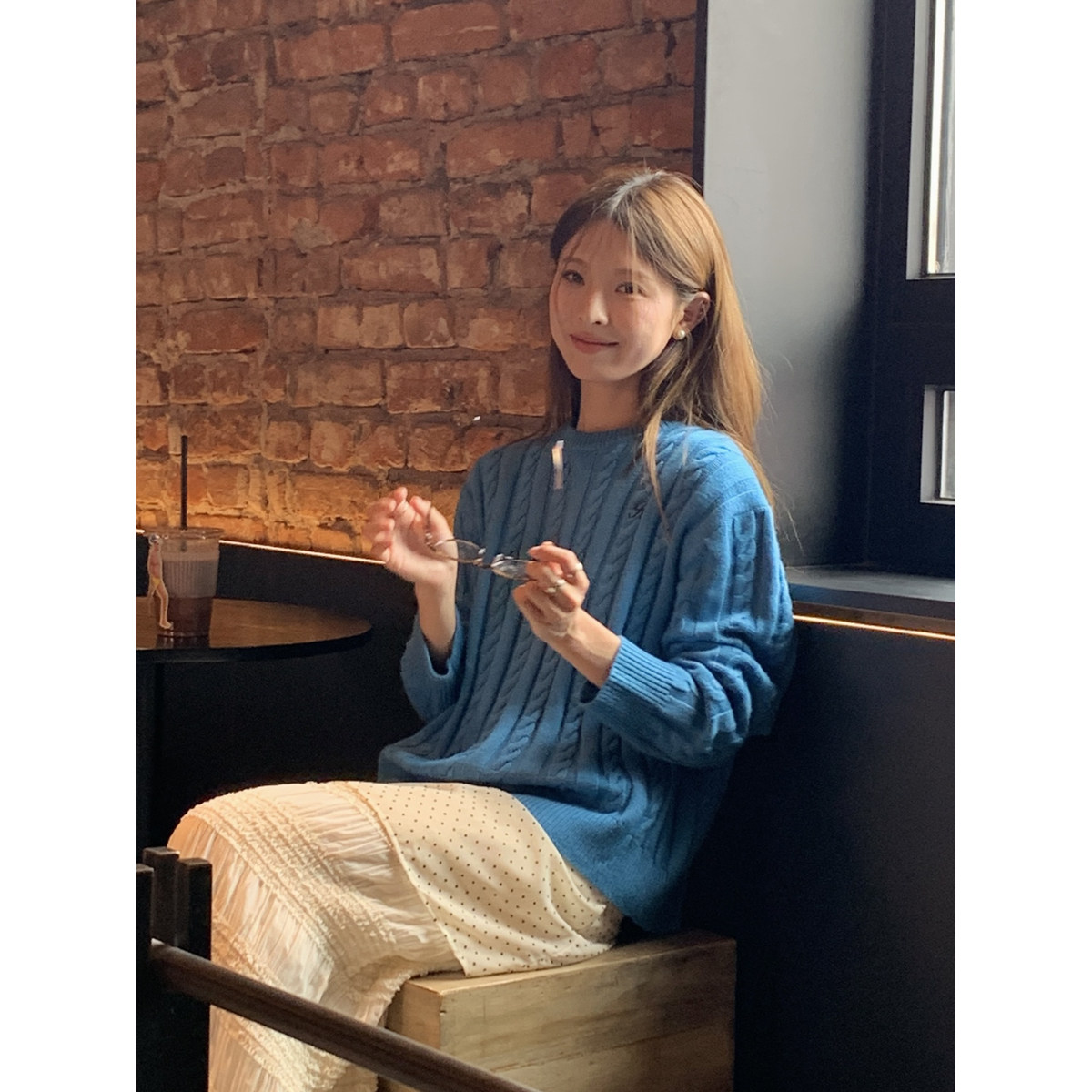 DRIZZLE 蓝色麻花圆领毛衣女春季新款韩系宽松慵懒套头针织衫上衣