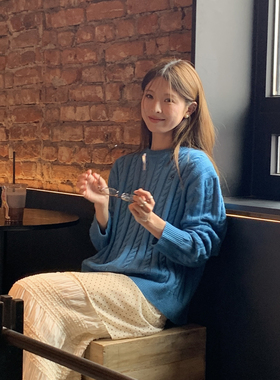 DRIZZLE 麻花蓝色毛衣女秋冬2025新款韩系宽松慵懒套头针织衫上衣