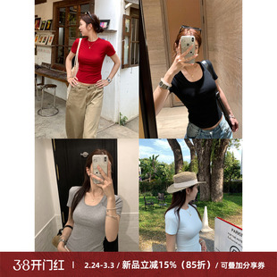 Cactishop主推双版本 圆领u领基础百搭纯色修身短袖女简约正肩T恤