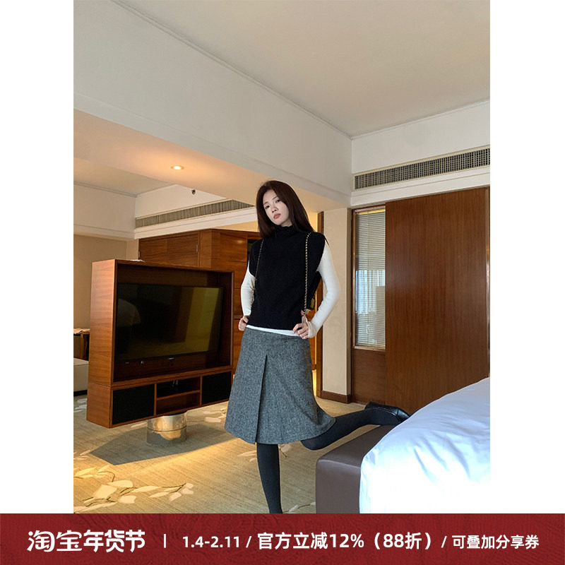 Cactishop前后两穿 格雷系灰色羊毛毛呢半身裙女开叉百褶A字裙,女装/女士精品,半身裙,淘宝优惠券,粉丝福利购,淘宝优惠卷