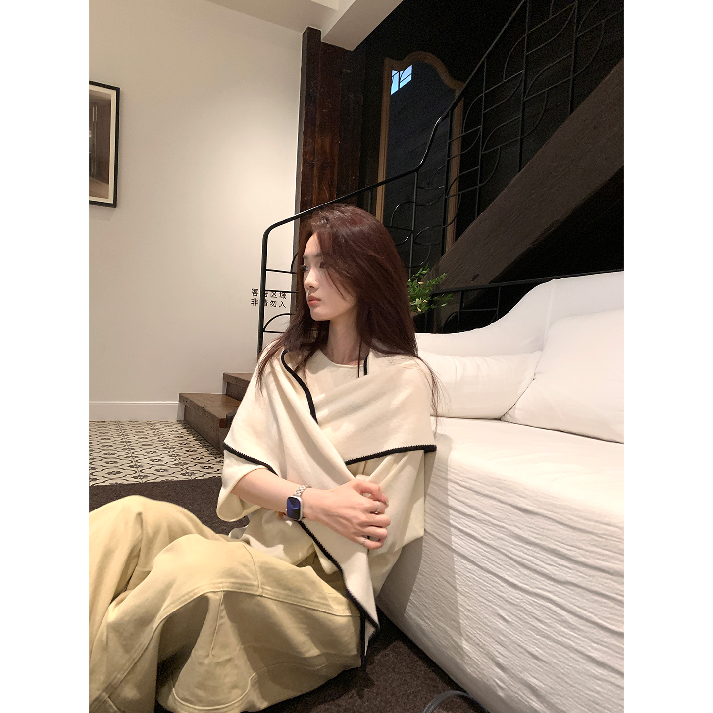 羊毛撞色披肩七分袖针织衫套装