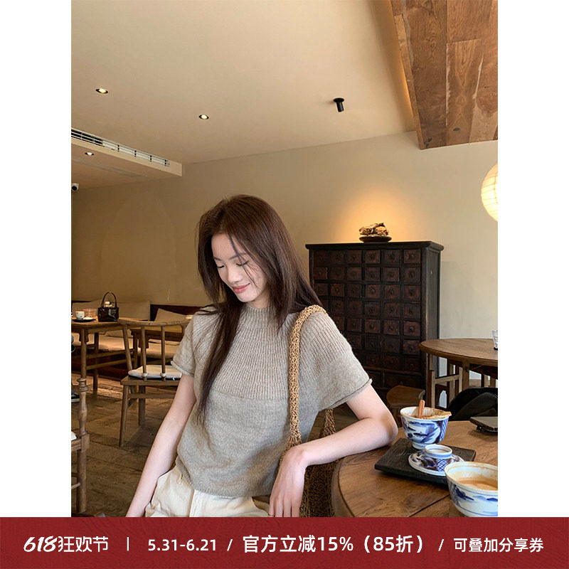Cactishop温柔少女 半高领立领卷边短袖针织衫女温柔气质软糯上衣