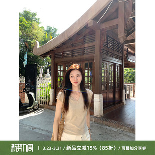 休闲上衣 T恤女2026夏新款 Cactishop舒芙蕾 莱赛尔羊毛V领卷边短袖