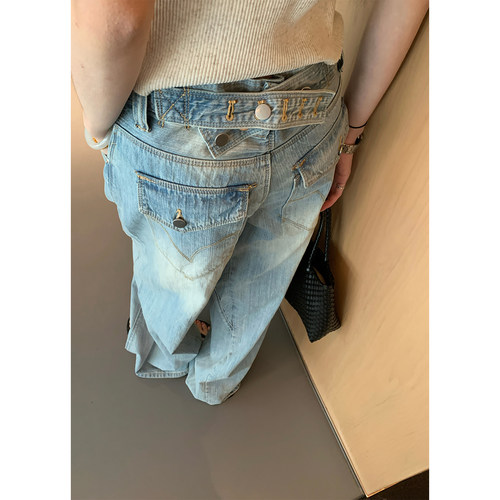 Cactishop【5折清仓】巴黎扣 复古高腰显瘦蓝色阔腿牛仔裤女夏季