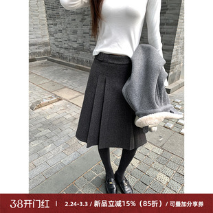 Cactishop长期主义 A字方扣百褶裙女秋冬复古显瘦毛呢西装半身裙