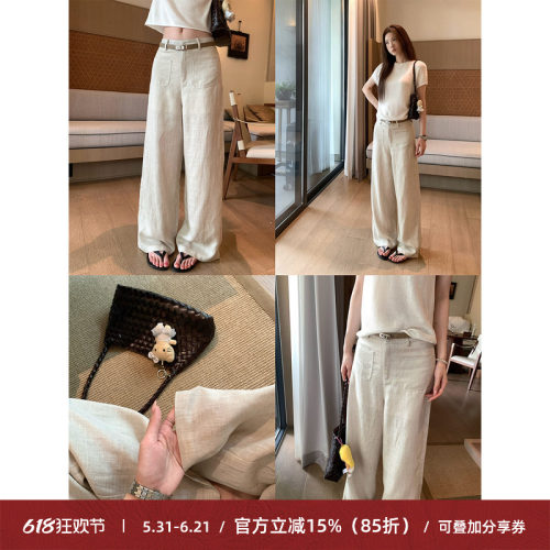 老钱风亚麻口袋休闲裤女垂感薄款