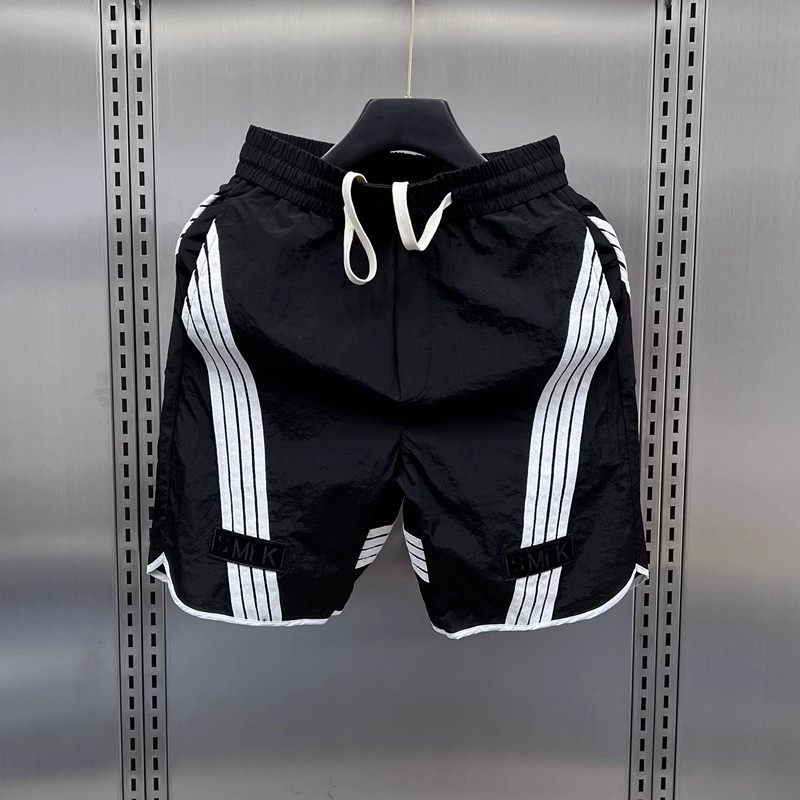 网红美式宽松五分裤休闲运动跑步裤男士夏季薄款速干条纹拼接短裤