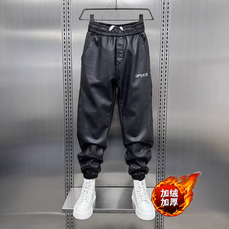 冬季加绒保暖皮裤男秋冬季外卖骑手机车防风束脚裤黑色加厚休闲裤