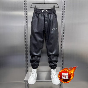 冬季加绒保暖皮裤男秋冬季外卖骑手机车防风束脚裤黑色加厚休闲裤